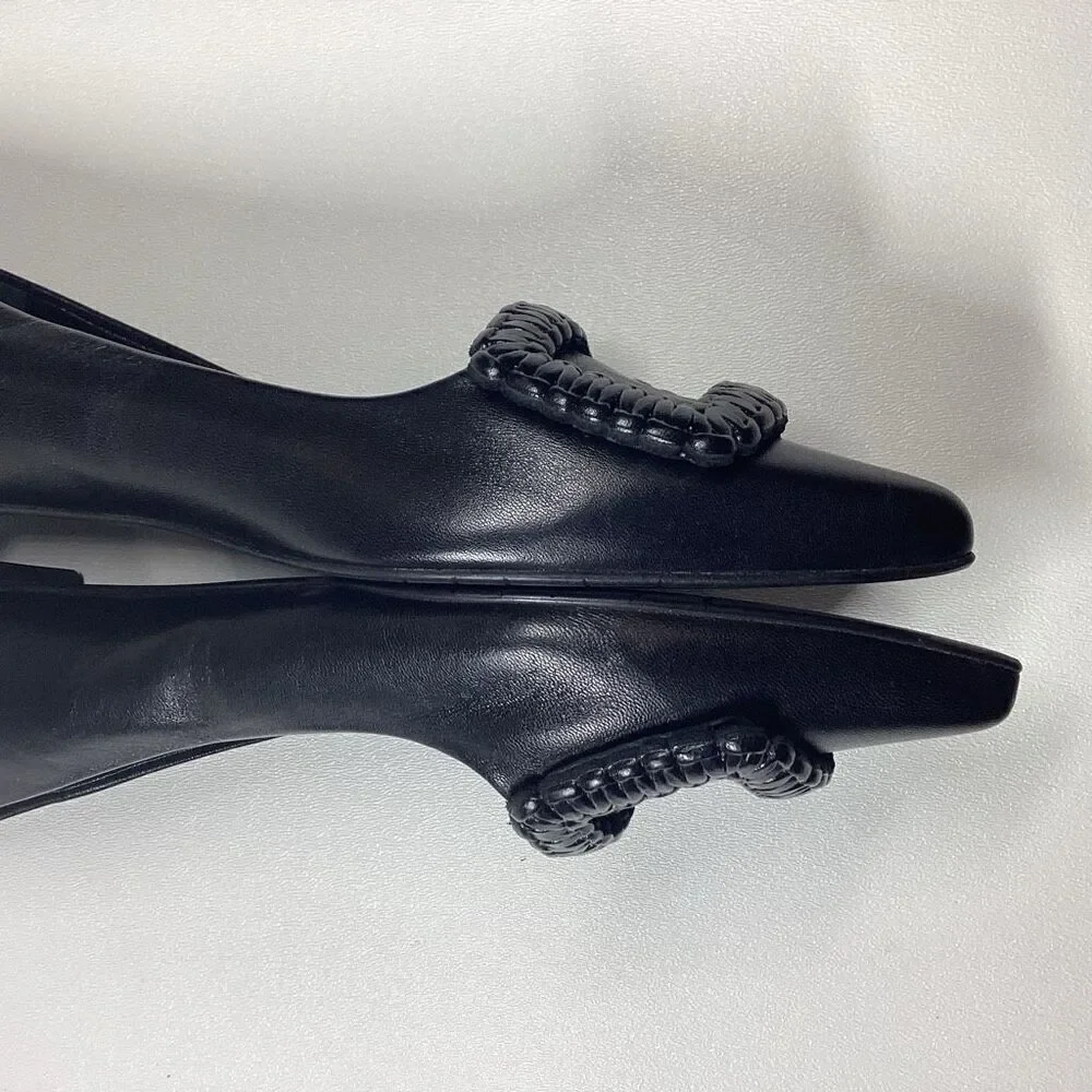 Aquatalia Adorned Black Woven‎ Leather Square Toe Flats  Size 7